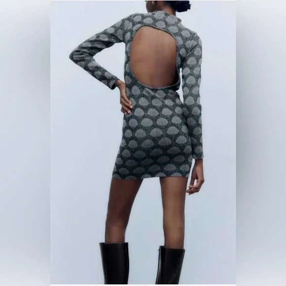 ZARA Jacquard Navy Blue Seashell Metallic High Neck Open Back Bodycon Dress M/L - Picture 2 of 6